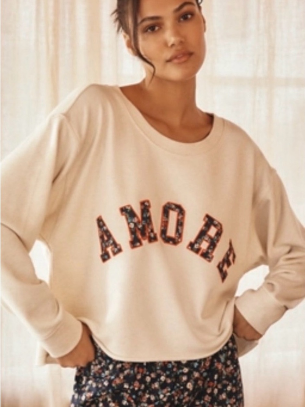 Anthropologie Cream 'AMORE' Floral Appliqué Sweatshirt